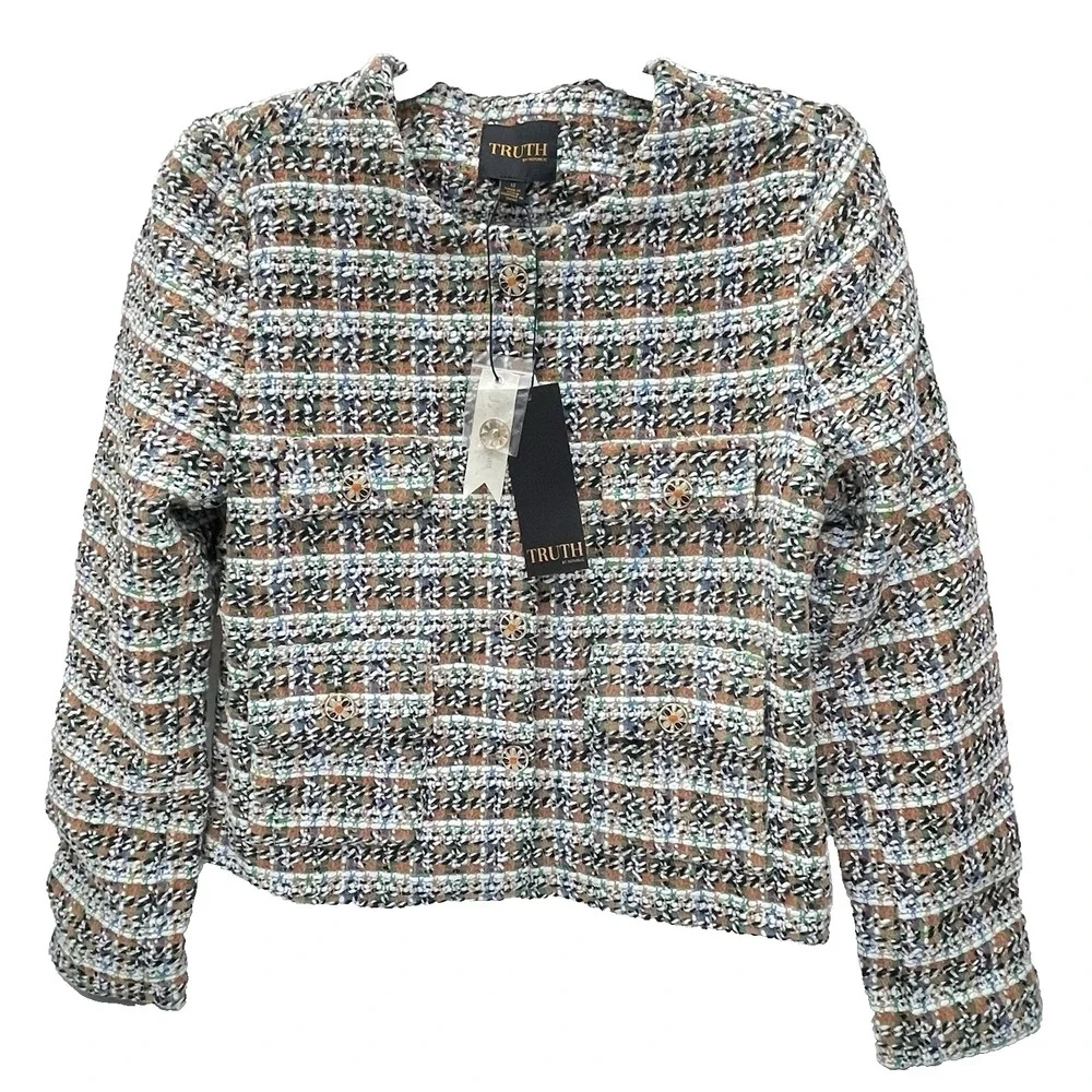 Truth by Republic Women's 12 Tweed Button Up Lined Preppy Workwear Blazer Jacket